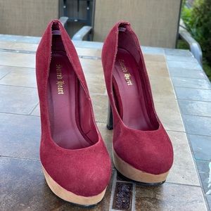 Sacred Heart Faux Maroon, Tan and Grey Suede Platform Heels.